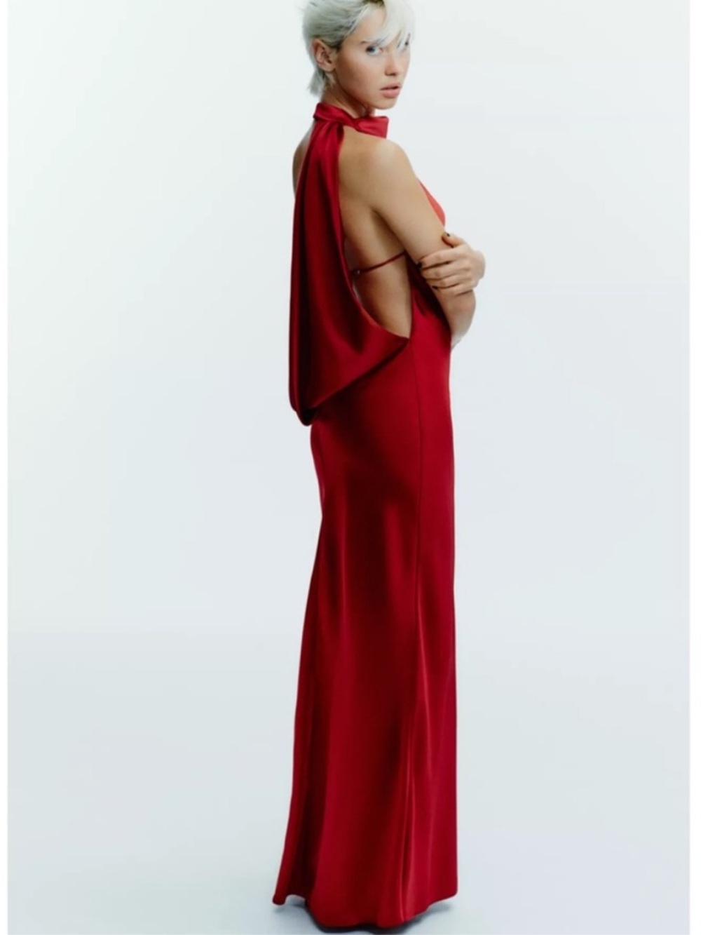 Zara Red Backless Draped Halter Gown